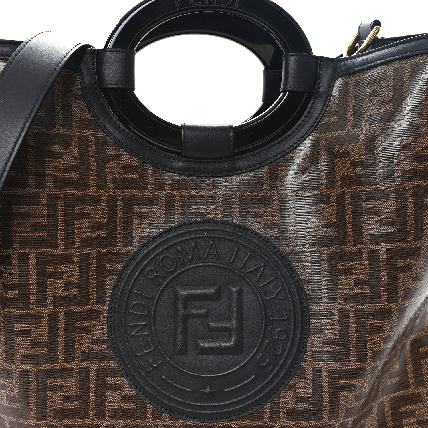 Fendi Glazed Fabric Vitello Century Plexiglass FF 1974 Stamp Patch Medium Runaway Shopper Tote Mogano Panna Black 9 of 12