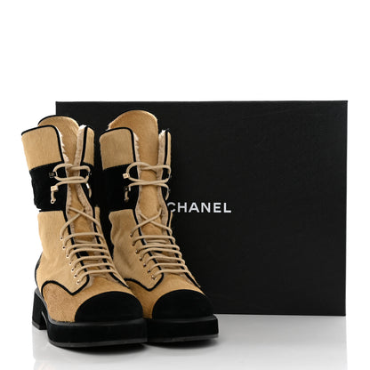 Chanel Suede Pony Hair Shearling Lace Up Combat Boots 40 Beige Black 15 of 15