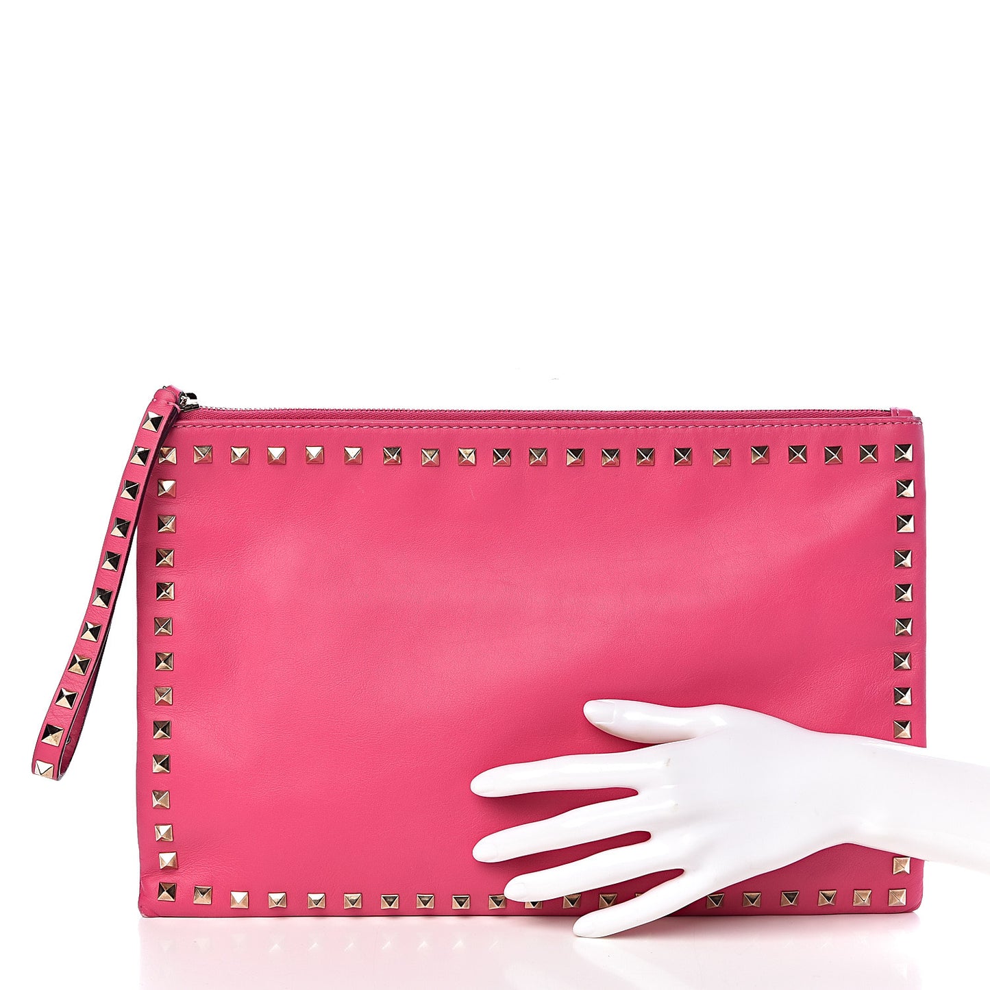 Vitello Large Rockstud Zip Wristlet Pouch Pop Fuxia
