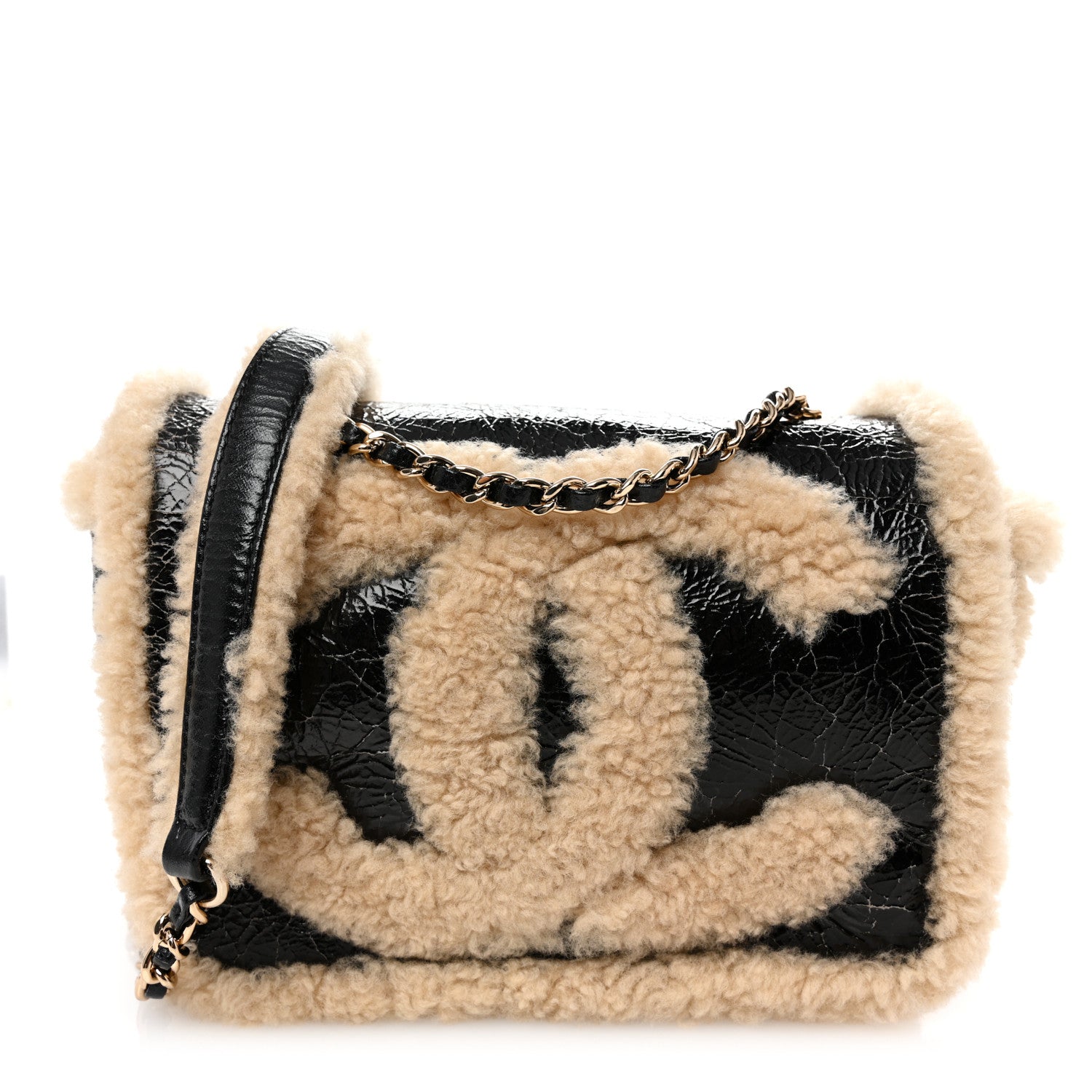 Chanel Shiny Crumpled Sheepskin Shearling CC Mania Flap Bag Black Beige 1 of 10