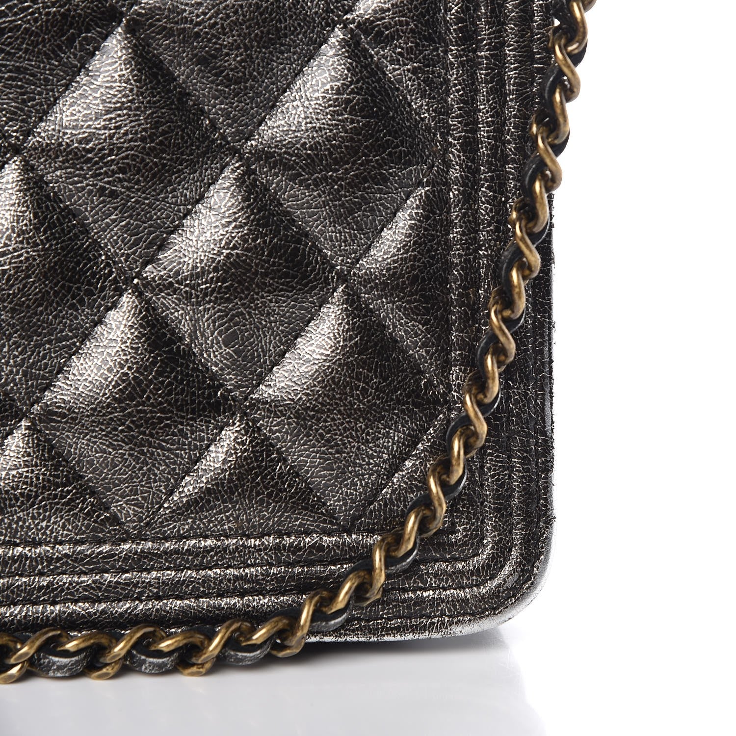 Chanel Cracked Metallic Calfskin Quilted Boy Wallet On Chain WOC Dark Silver 11 of 12