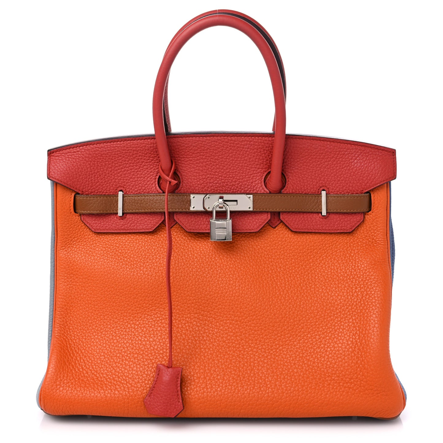 Taurillon Clemence Arlequin Birkin 35 Orange Sanguine Gold Bleu Lin Bleu Hydra Etain