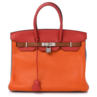 Hermes Taurillon Clemence Arlequin Birkin 35 Orange Sanguine Gold Bleu Lin Bleu Hydra Etain 1 of 13
