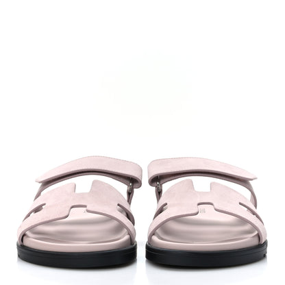 Hermes Suede Goatskin Womens Chypre Sandals 37.5 Rose Porcelaine 2 of 8