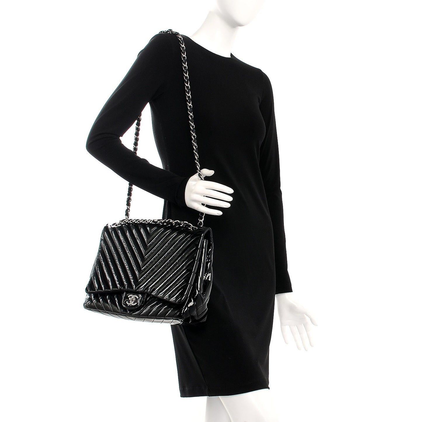 Patent Chevron Quilted Maxi Single Flap Black