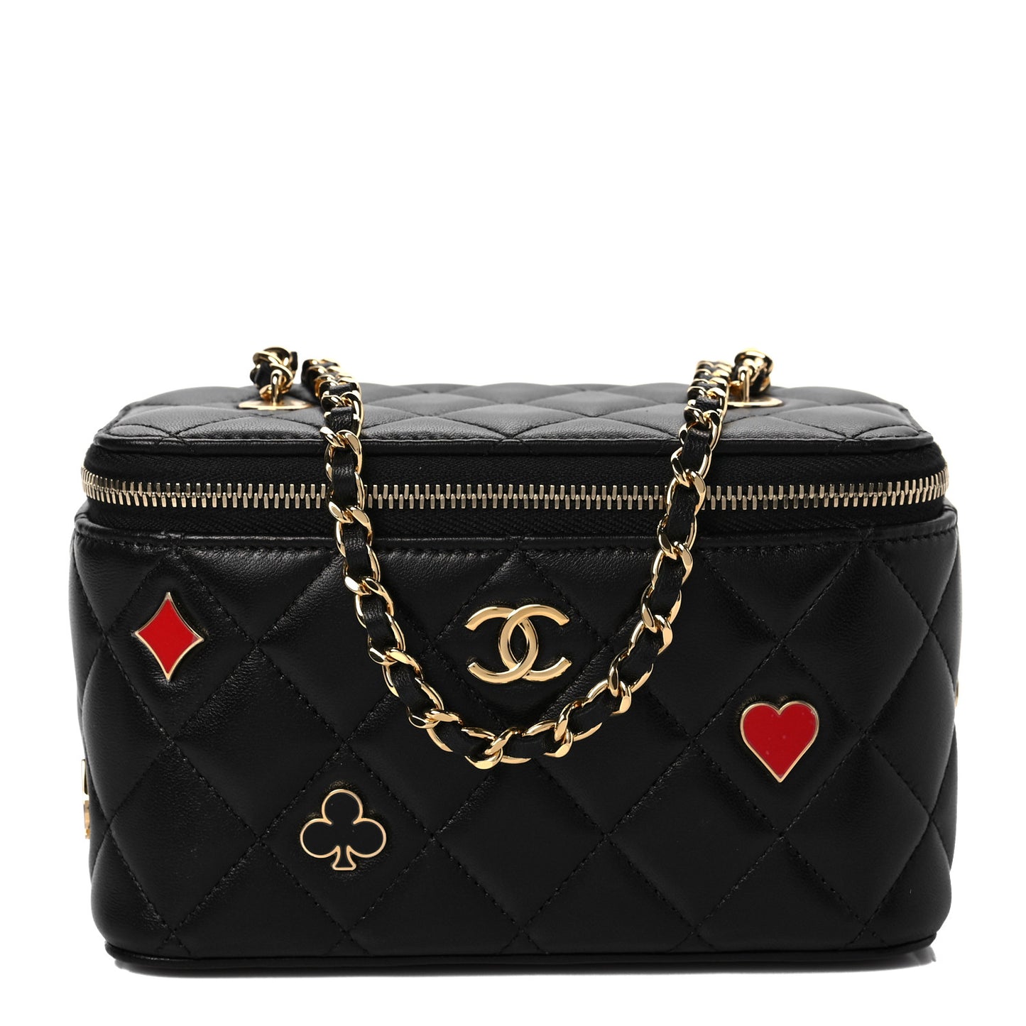 Lambskin Quilted Enamel Coco Casino Small Vanity Case With Chain Black