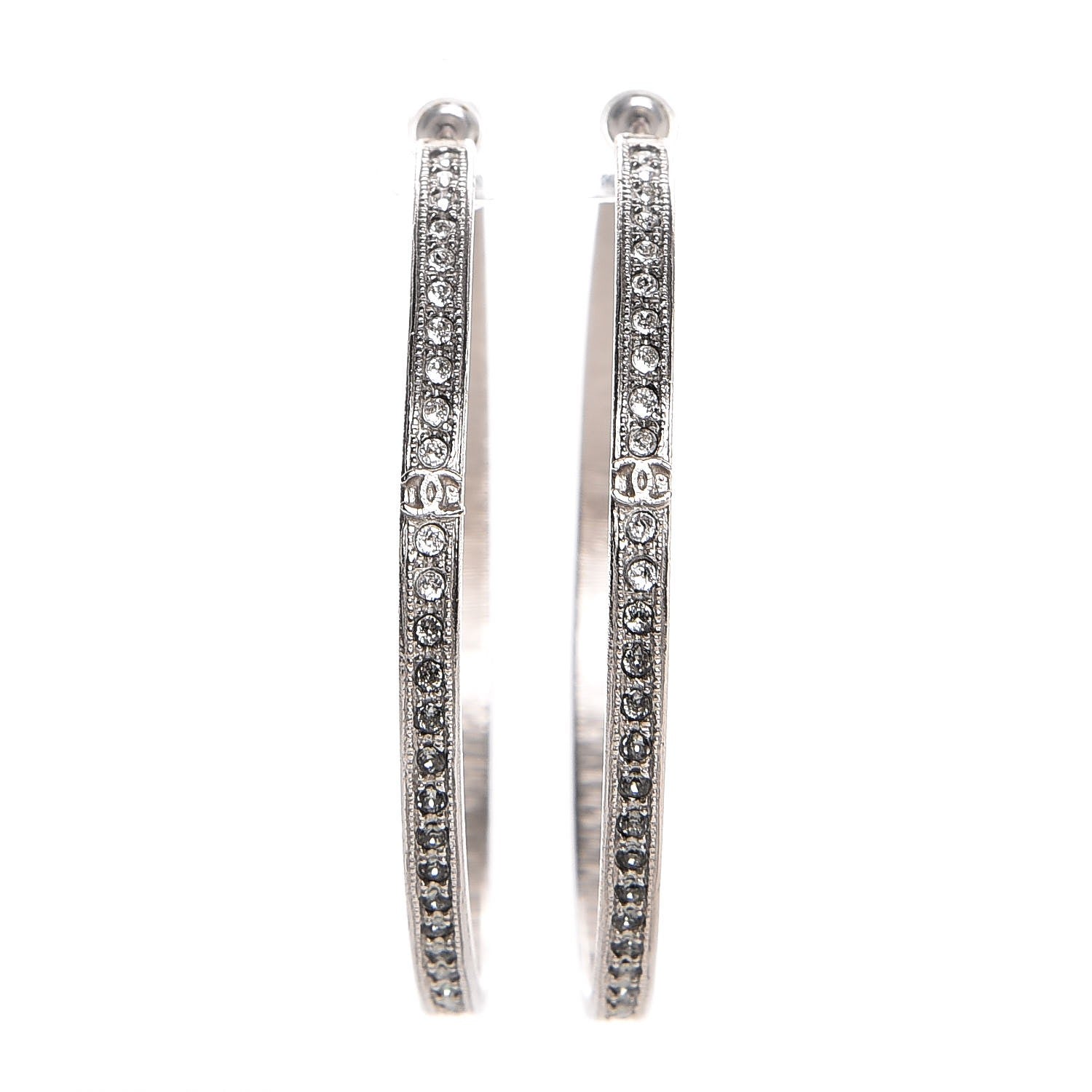 Chanel Crystal CC Large Hoop Earrings Grey Silver 1 of 5