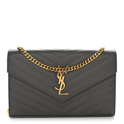 Saint Laurent Grain De Poudre Matelasse Chevron Monogram Chain Wallet Fog 1 of 11