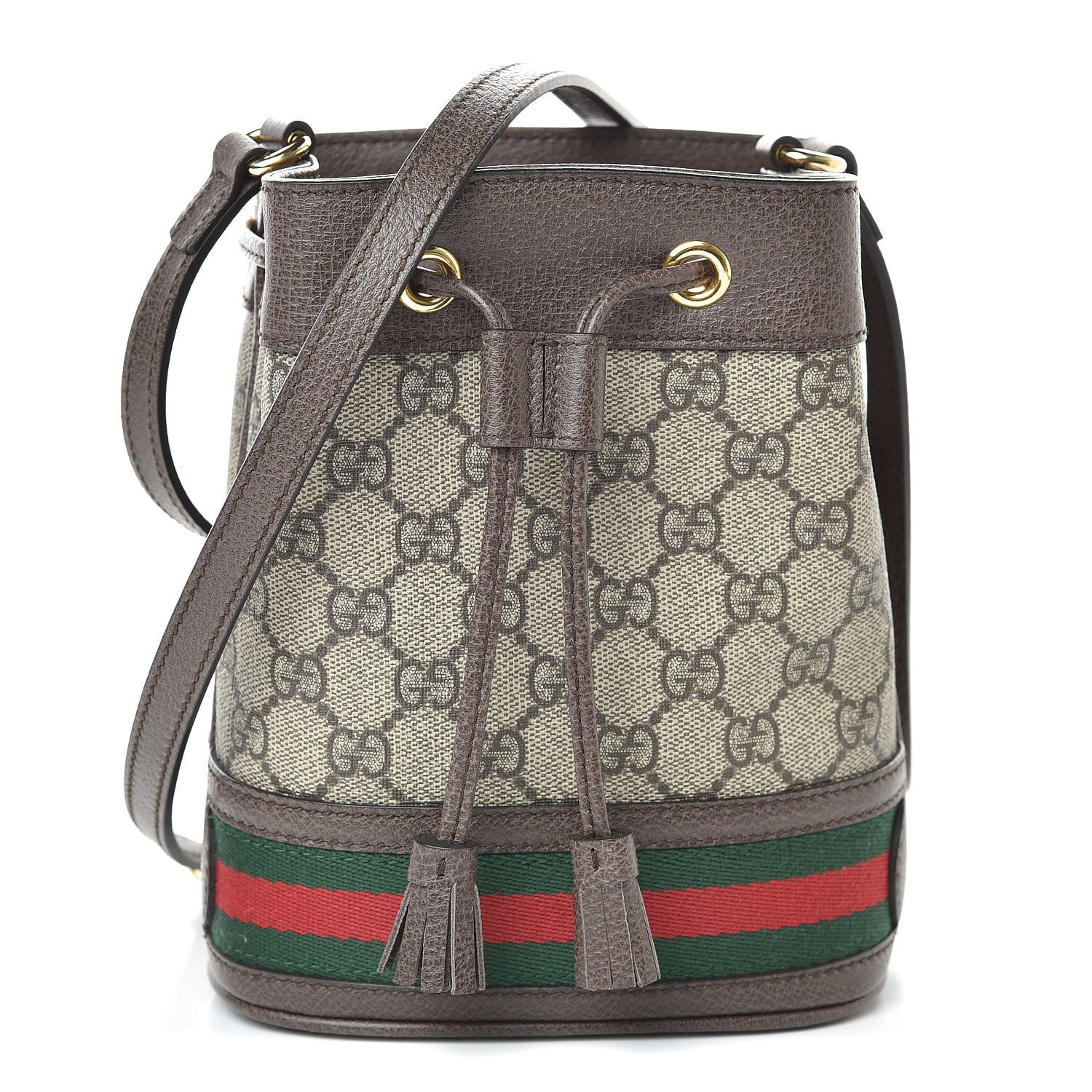 Gucci GG Supreme Monogram Web Mini Ophidia Bucket Bag Brown 1 of 10