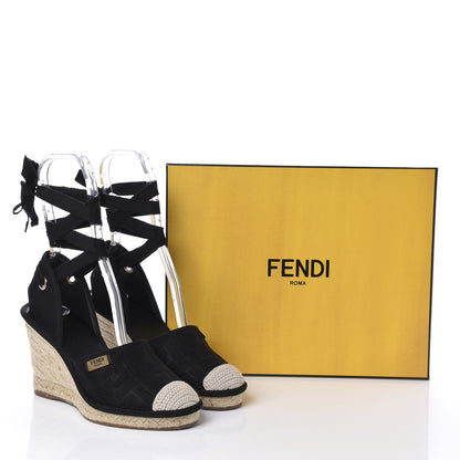 Fendi Canvas FF Embroidered Roma Ankle Wrap Espadrille Wedges 37 Black 10 of 10