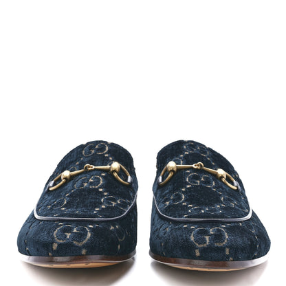 Gucci Velvet GG Monogram Horsebit Mens Jordaan Loafers 10.5 Blue Beige 2 of 8