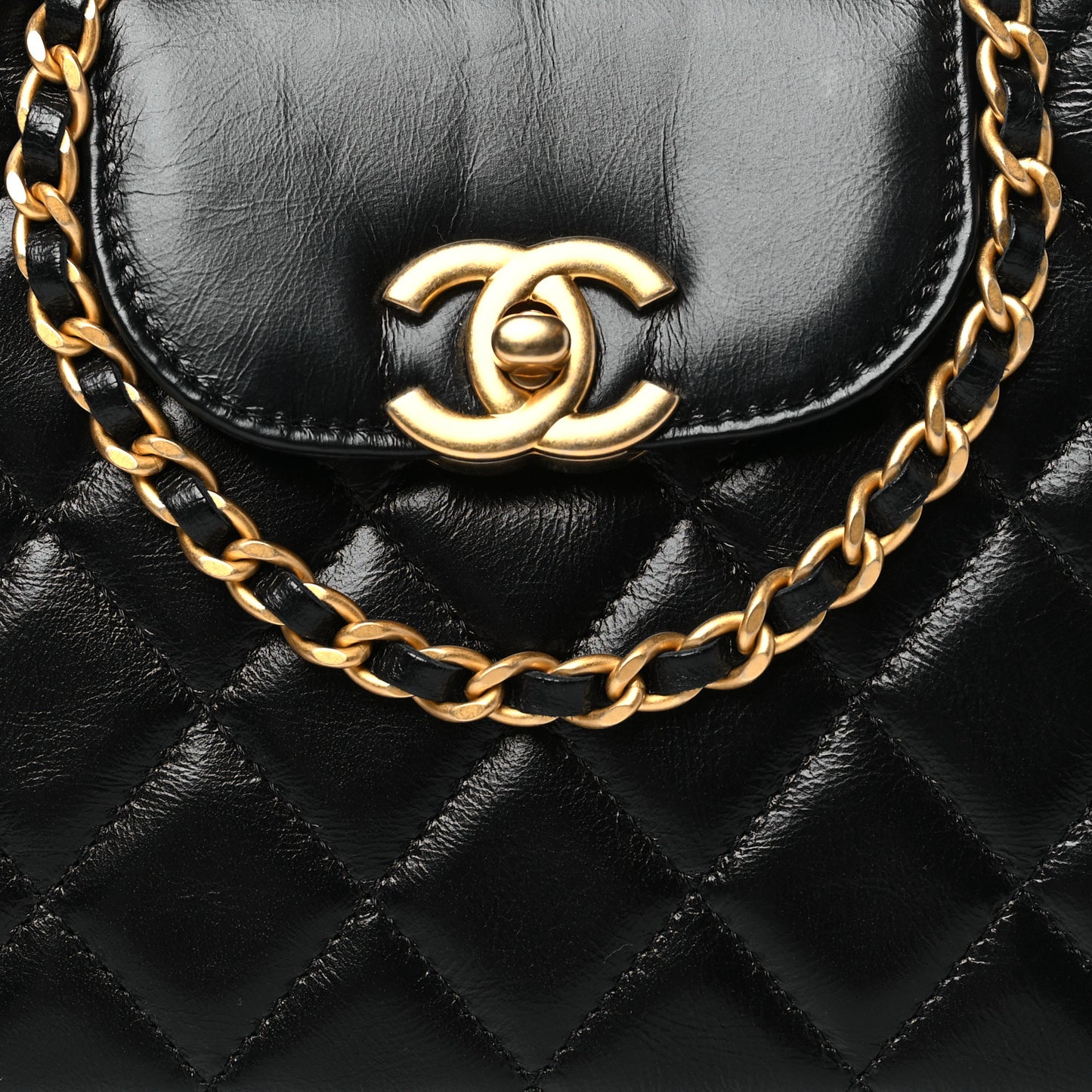 Shiny Aged Calfskin Quilted Nano Kelly Shopper Black