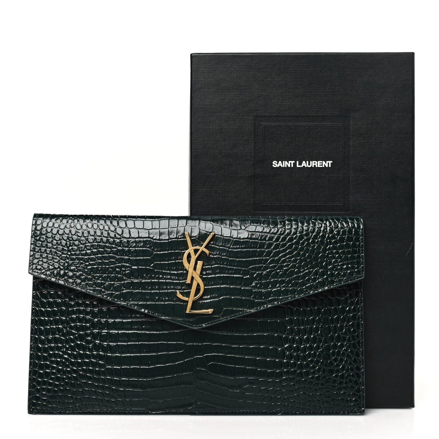 Calfskin Crocodile Embossed Uptown Monogram Clutch Dark Green