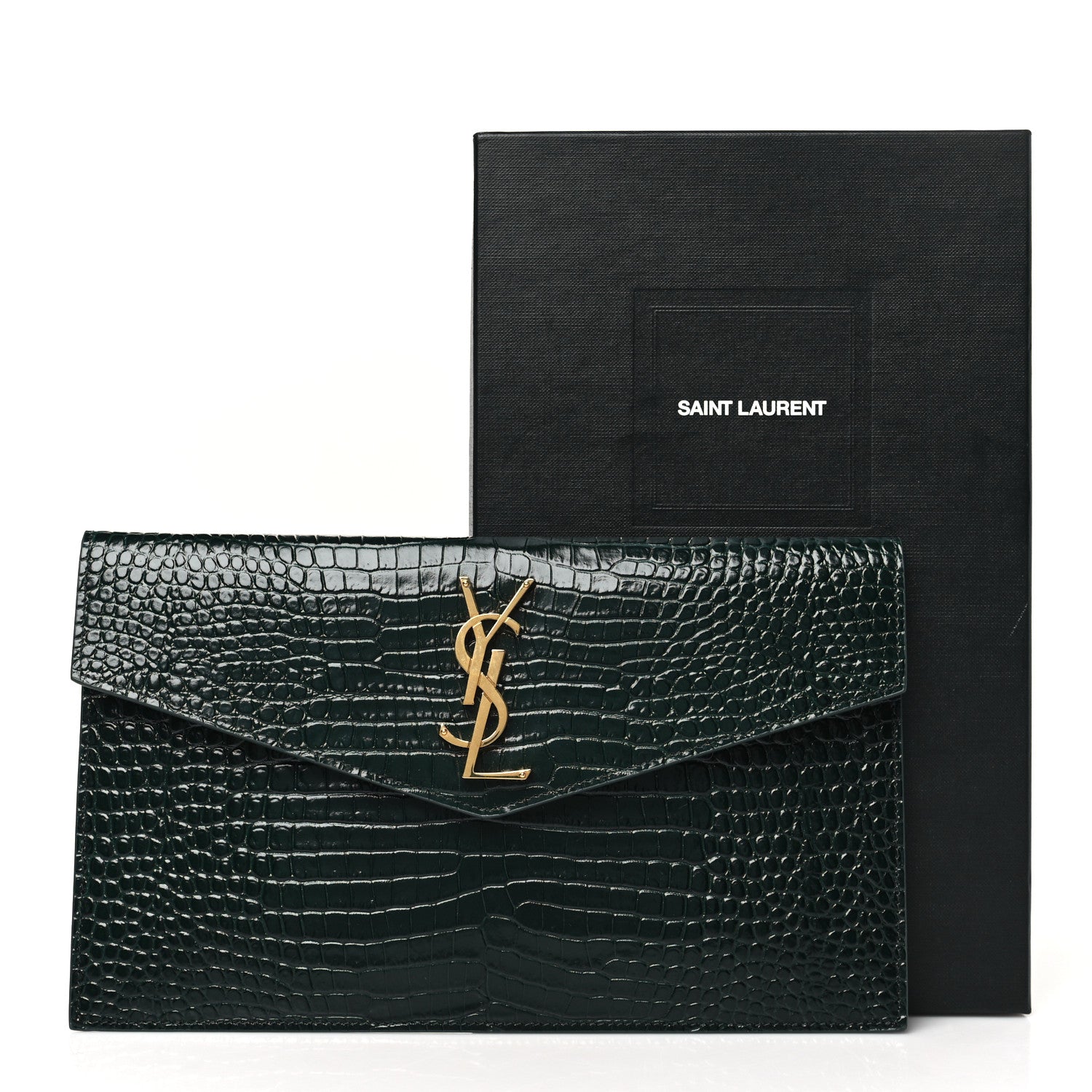 Saint Laurent Calfskin Crocodile Embossed Uptown Monogram Clutch Dark Green 9 of 9