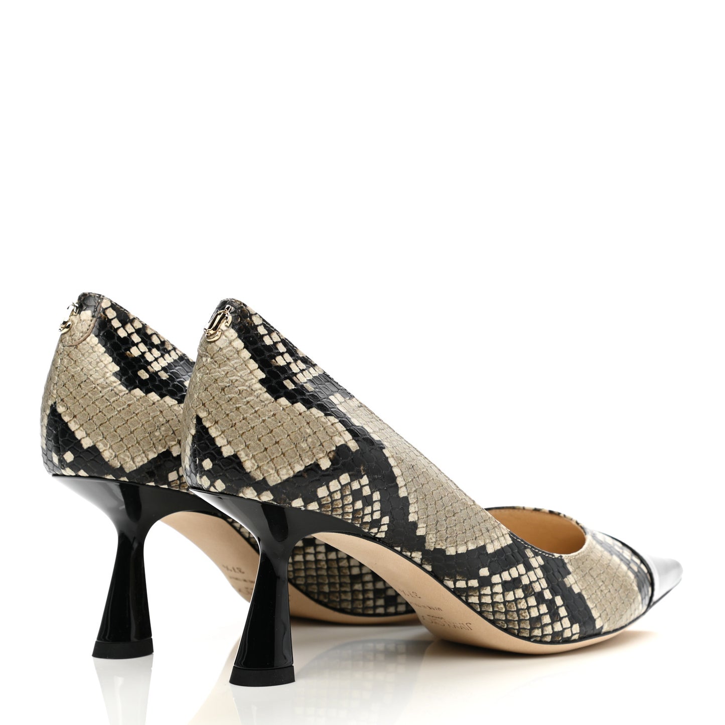 Calfskin Snake Print Pointy Toe Rene 75 Pumps 37.5 Black Natural