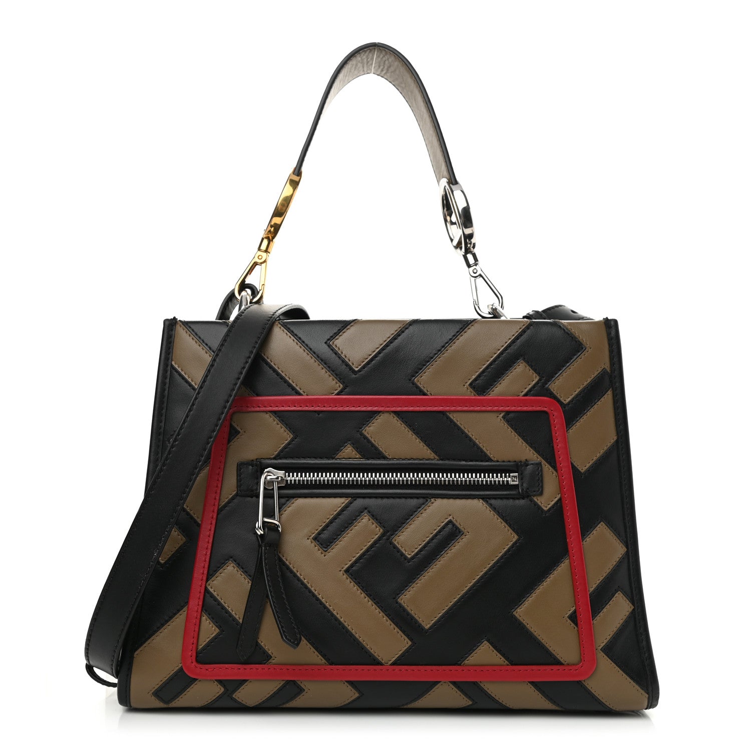 Fendi Vitello Century F is Fendi FF Diagonal Inlay Small Runaway Satchel Fango Black Fragola 1 of 10
