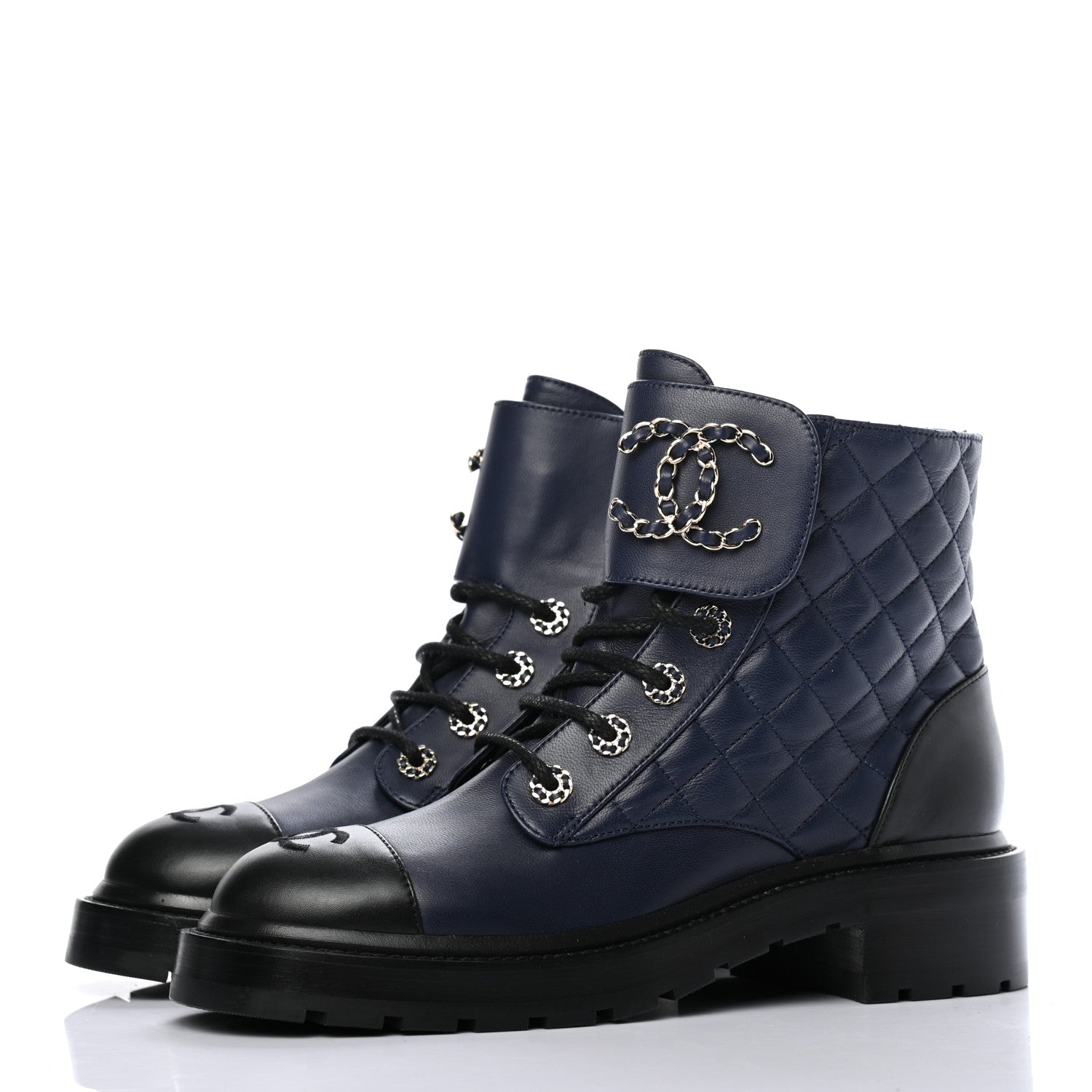 Chanel Lambskin Calfskin Quilted Lace Up Combat Boots 39 Navy 3 of 8