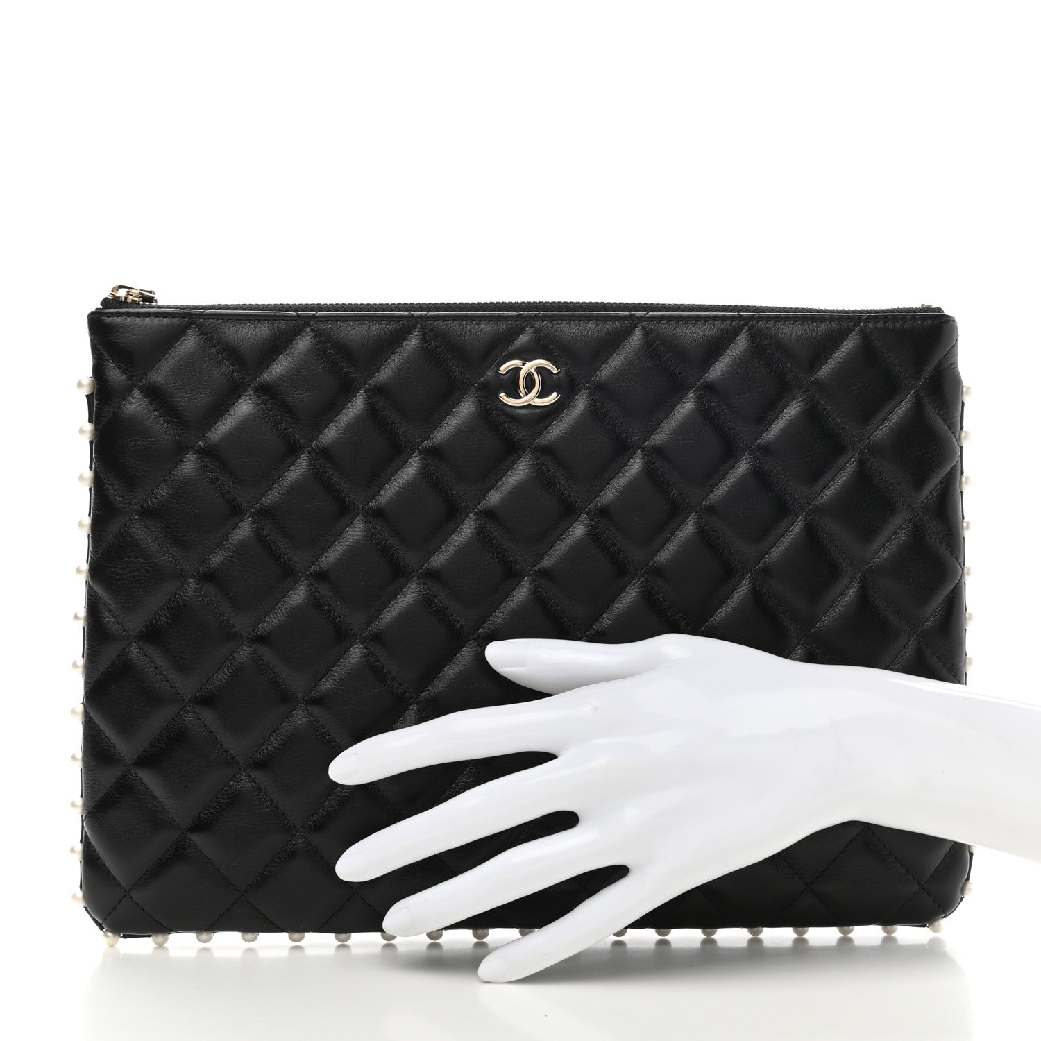 Chanel Calfskin Quilted Pearl Medium Cosmetic Case Black 2 of 8