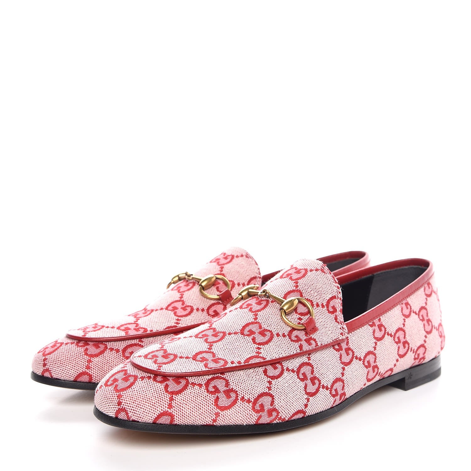 Gucci Canvas GG Monogram Horsebit Womens Jordaan Loafers 37 Gardenia Hibiscus Red 3 of 9