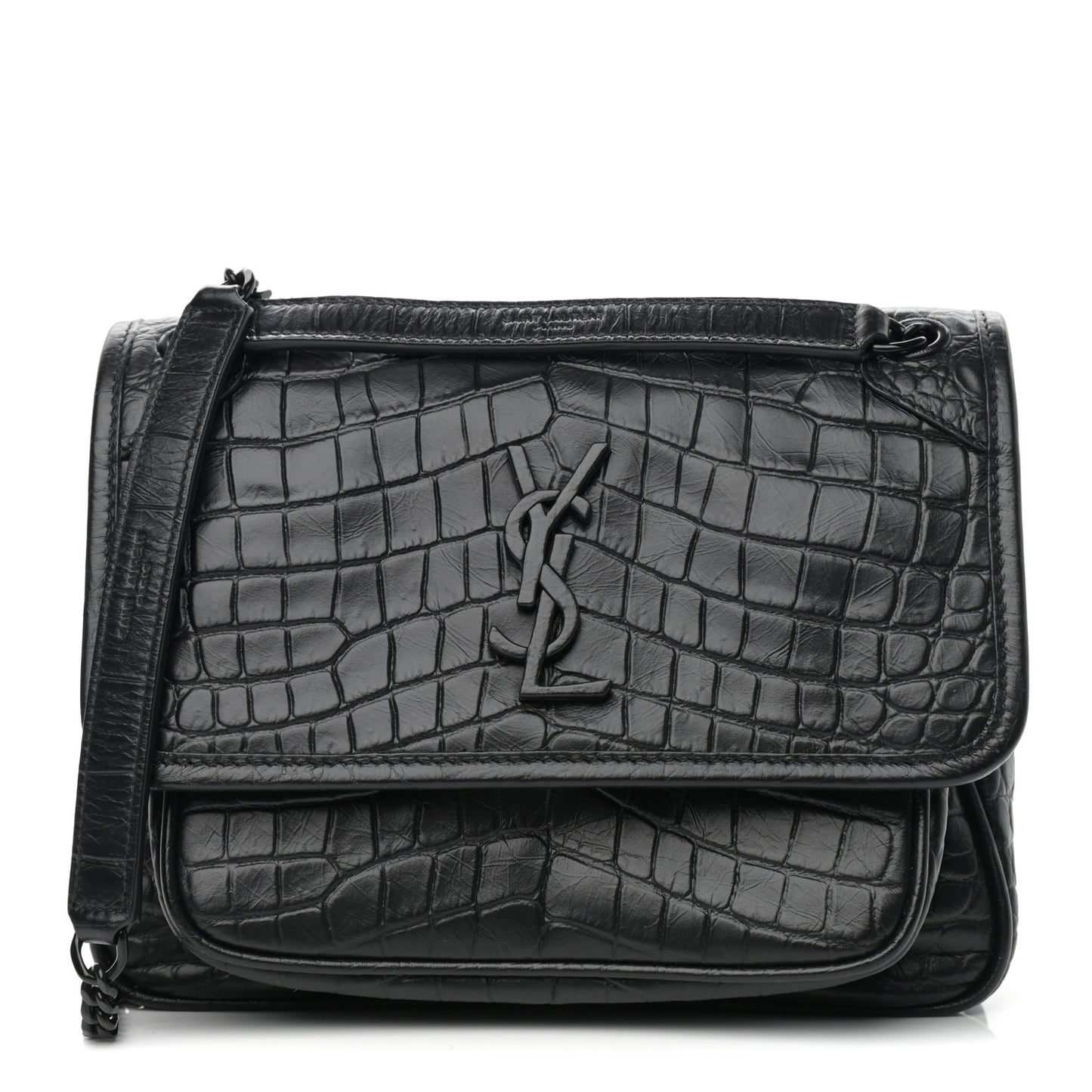 Calfskin Crocodile Embossed Matelasse Monogram Baby Niki Chain Satchel Black