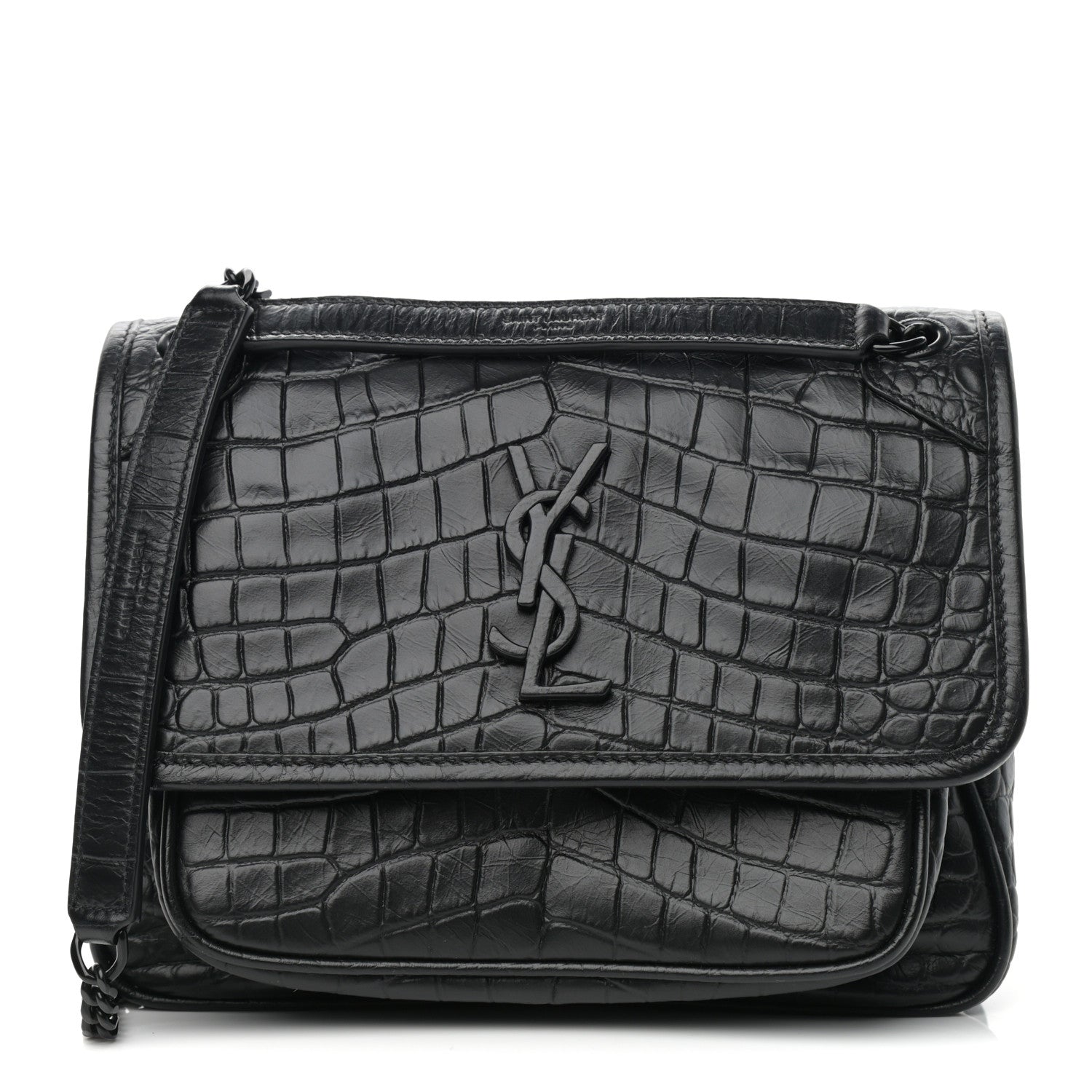 Saint Laurent Calfskin Crocodile Embossed Matelasse Monogram Baby Niki Chain Satchel Black 1 of 12