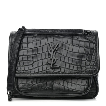 Saint Laurent Calfskin Crocodile Embossed Matelasse Monogram Baby Niki Chain Satchel Black 1 of 12