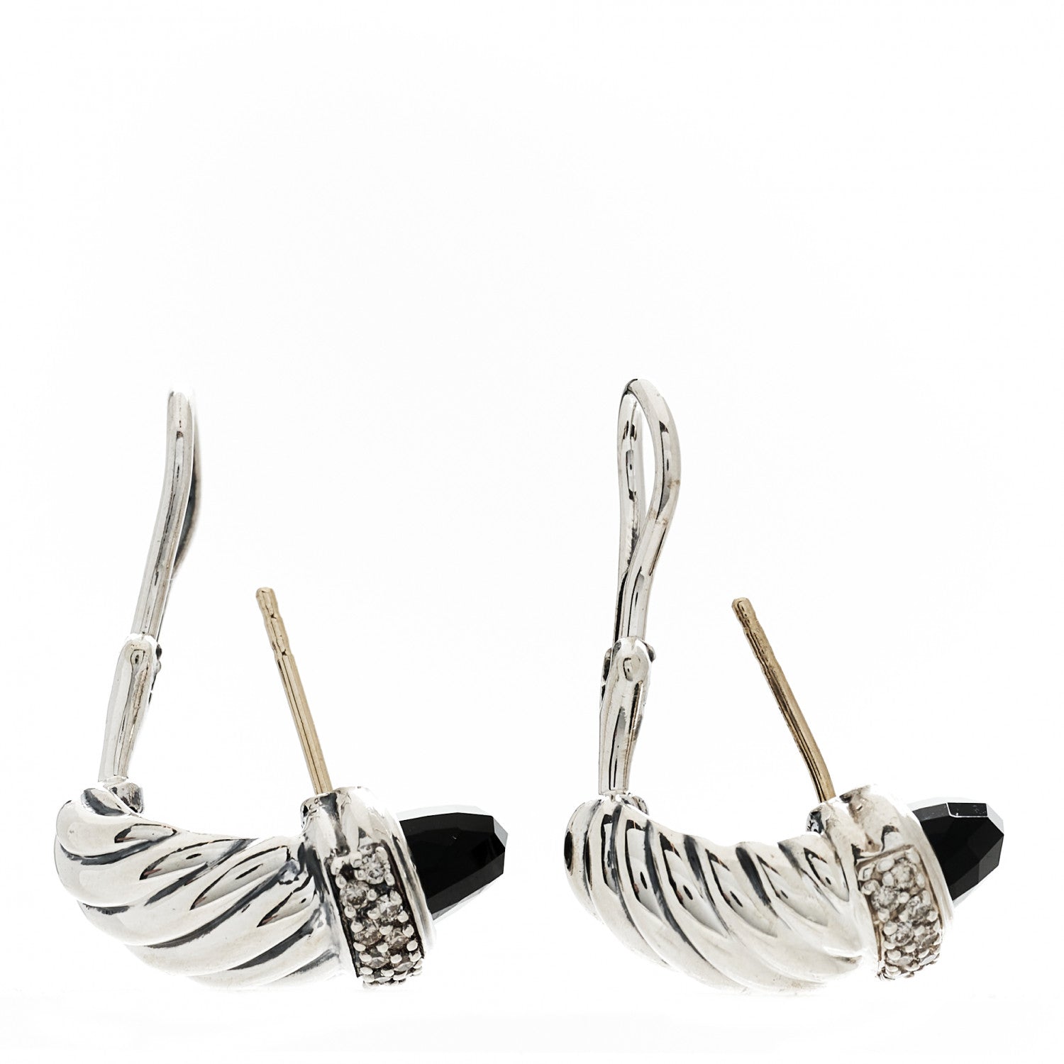 David Yurman Sterling Silver Diamond Black Onyx Shrimp Earrings 3 of 4