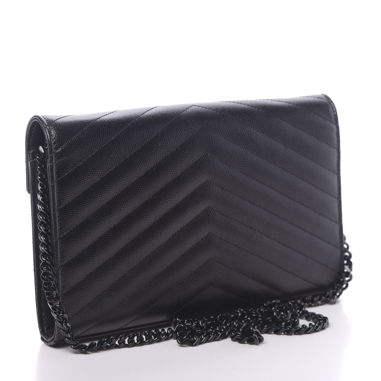 Saint Laurent Grain De Poudre Matelasse Chevron Monogram Chain Wallet Black 3 of 10