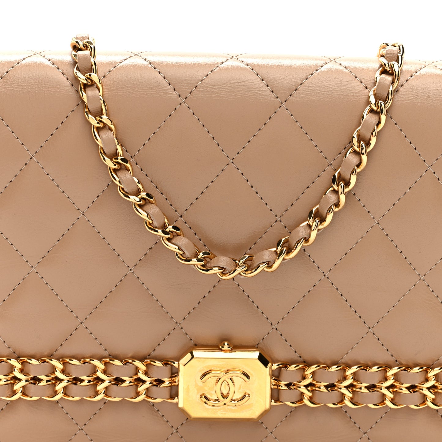 Shiny Aged Calfskin Quilted Clutch With Chain Dark Beige
