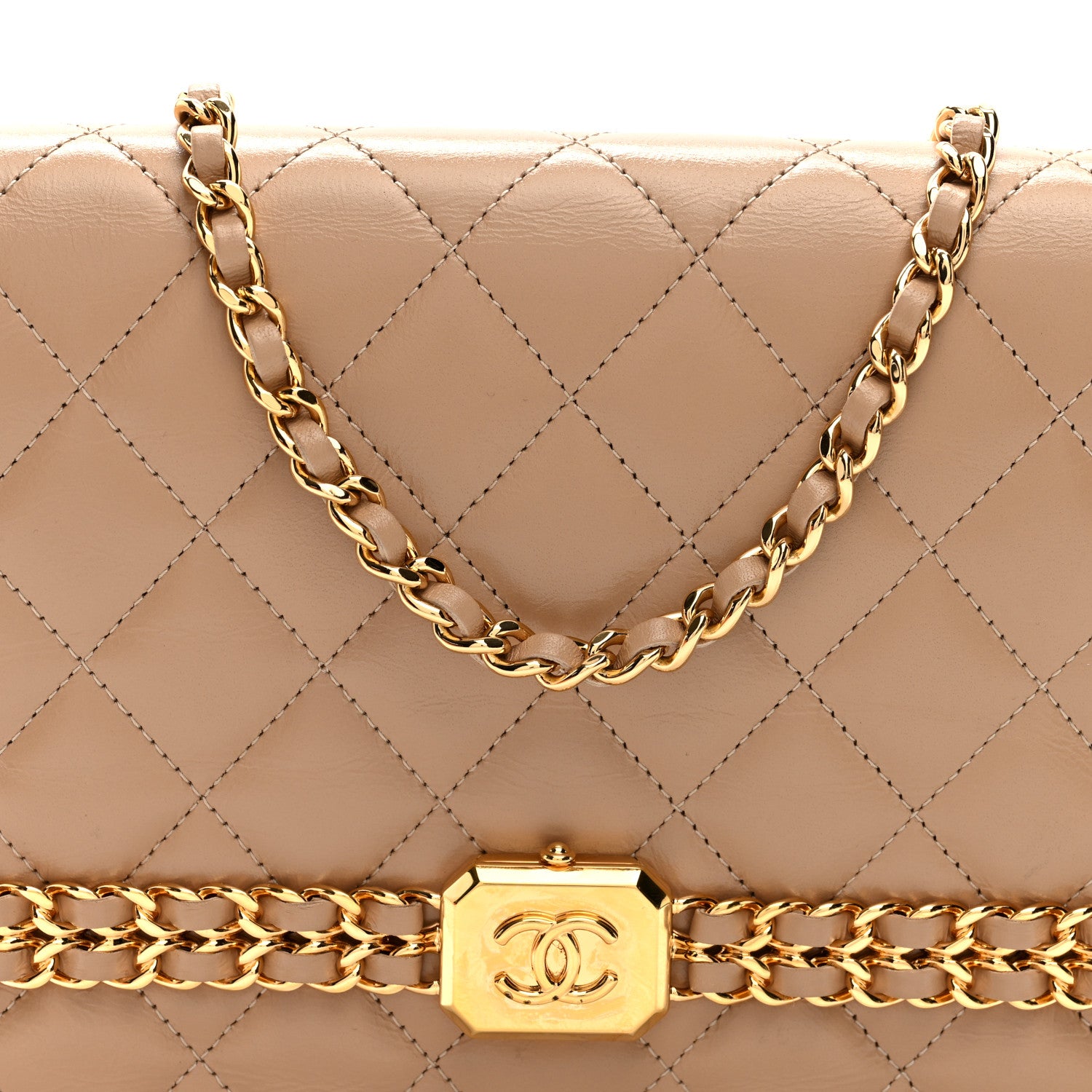 Chanel Shiny Aged Calfskin Quilted Clutch With Chain Dark Beige 8 of 12