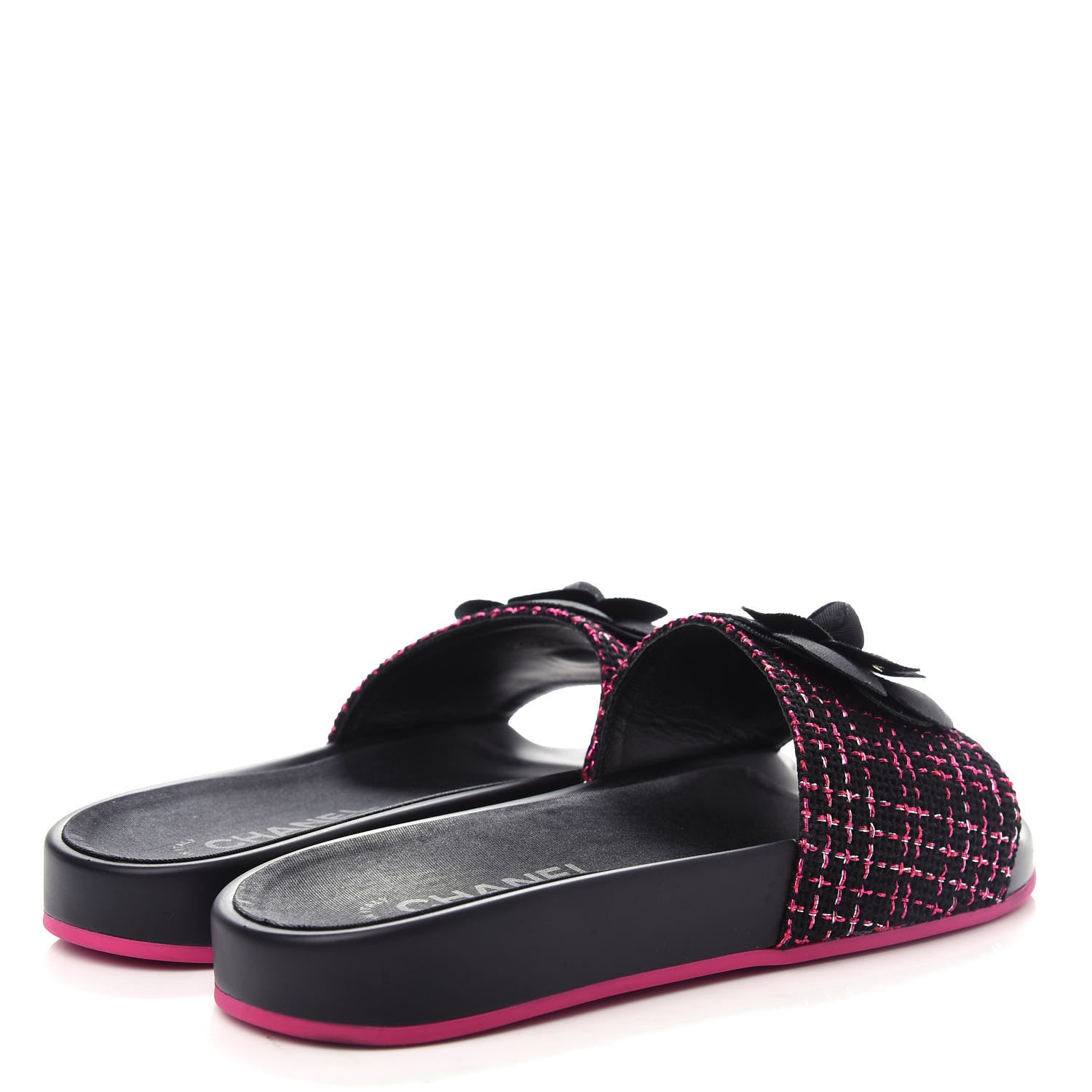 Chanel Tweed Grosgrain Camellia CC Flat Mules 37 Black Pink 4 of 11