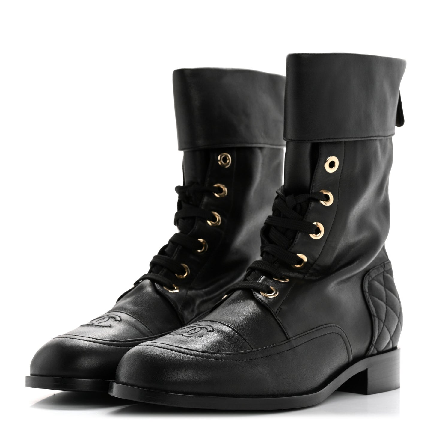 Calfskin Quilted Lace Up Combat Boots 39.5 Black