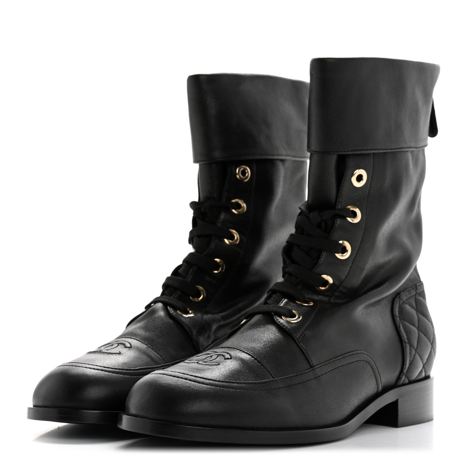 Chanel Calfskin Quilted Lace Up Combat Boots 39.5 Black 4 of 10