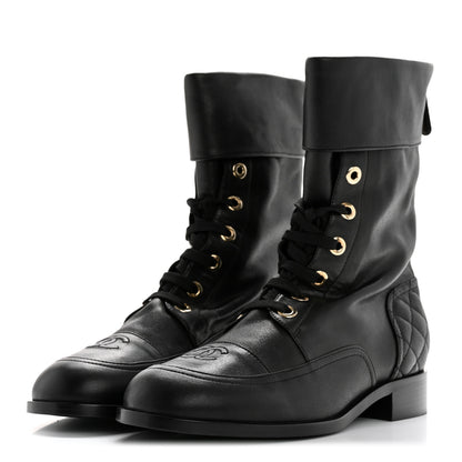 Chanel Calfskin Quilted Lace Up Combat Boots 39.5 Black 4 of 10