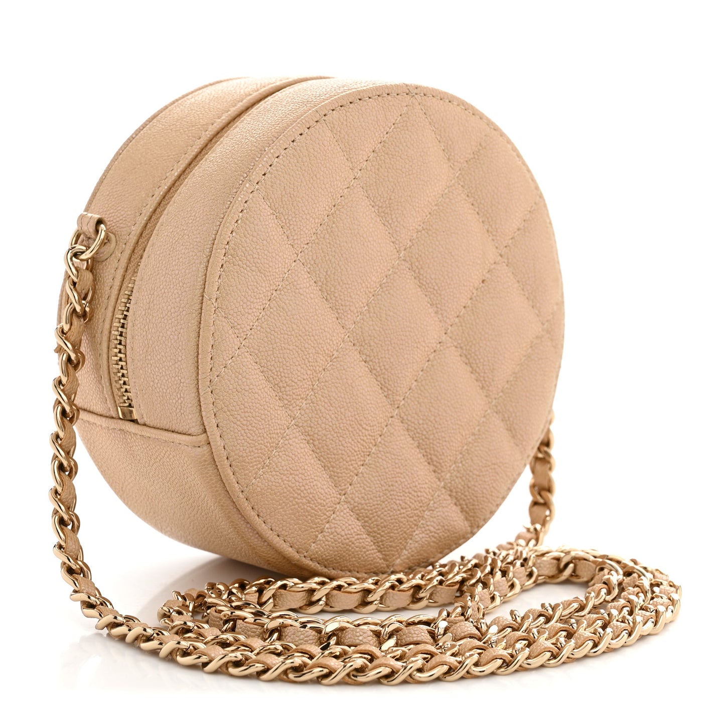 Iridescent Caviar Quilted Round Clutch With Chain Beige