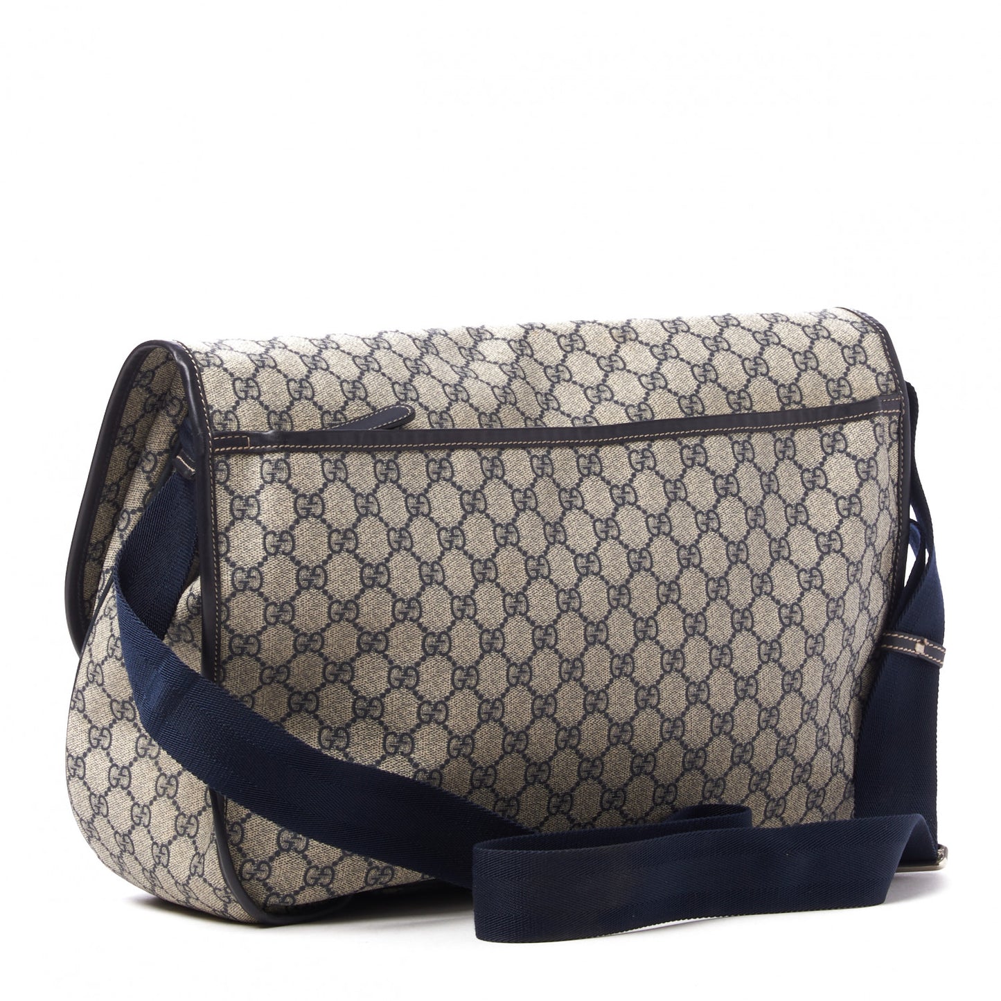 GG Plus Monogram Large Double Buckle Flap Messenger Bag Beige Navy