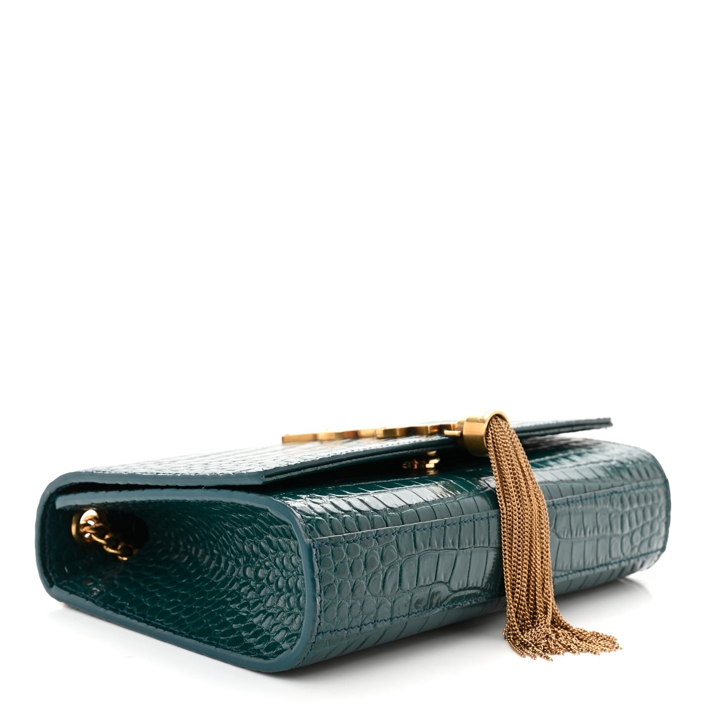Calfskin Crocodile Embossed Small Classic Monogram Kate Tassel Satchel Dark Green