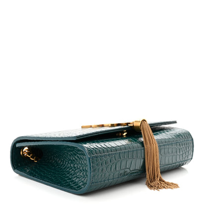 Saint Laurent Calfskin Crocodile Embossed Small Classic Monogram Kate Tassel Satchel Dark Green 4 of 10