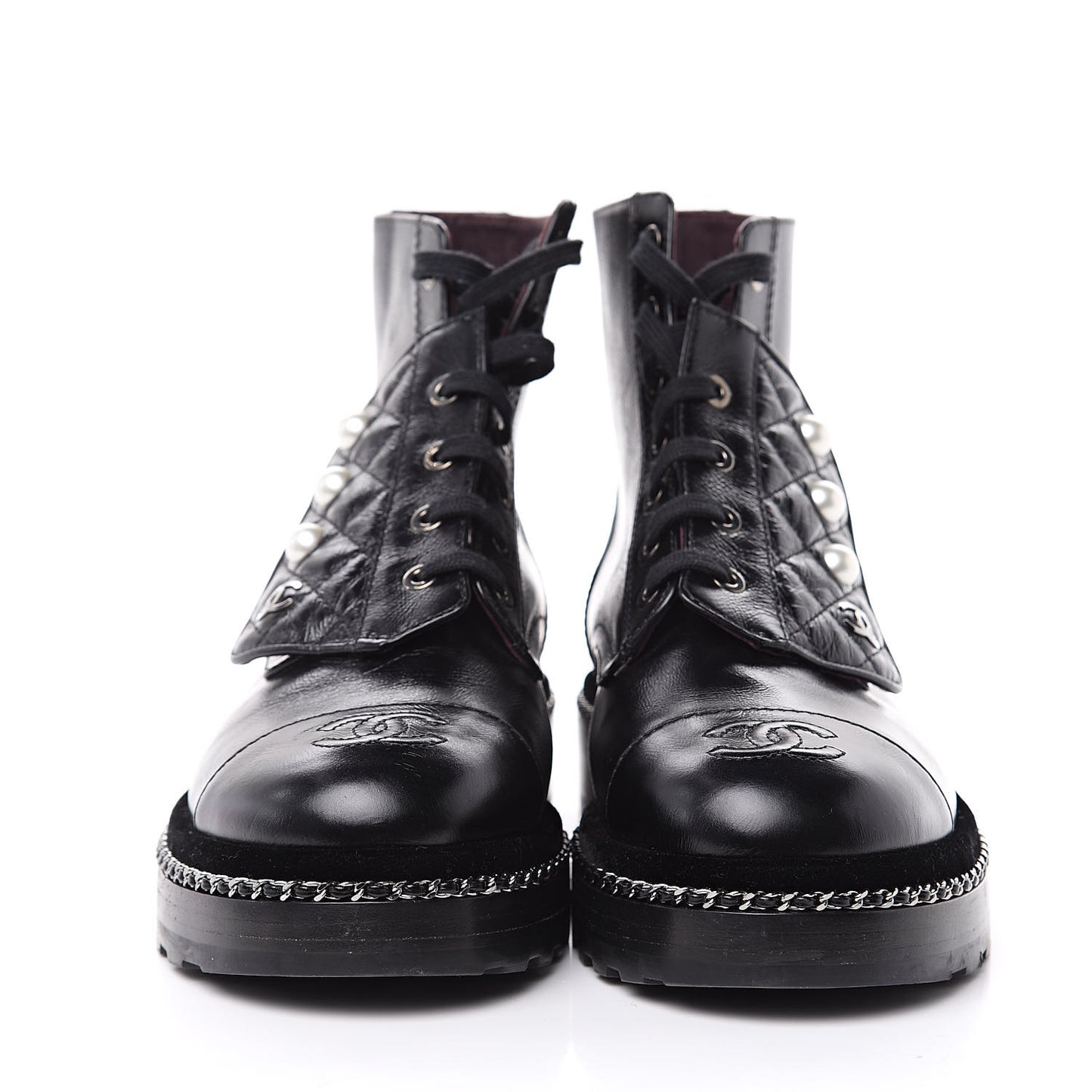Crackled Calfskin Velvet Pearl Combat Short Boots 38 Black