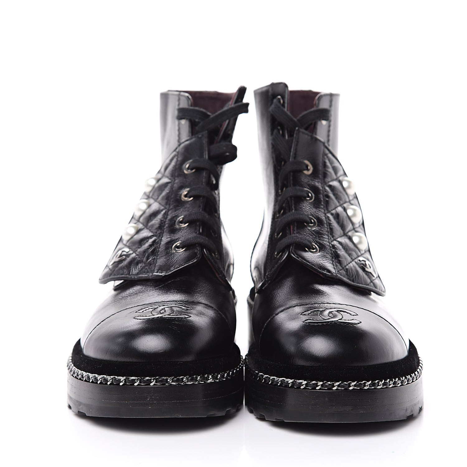 Chanel Crackled Calfskin Velvet Pearl Combat Short Boots 38 Black 2 of 8