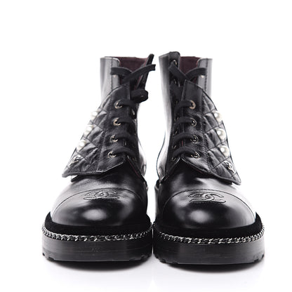 Chanel Crackled Calfskin Velvet Pearl Combat Short Boots 38 Black 2 of 8