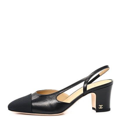 Chanel Goatskin Grosgrain Cap Toe CC Slingback Pumps 37 Black 1 of 10
