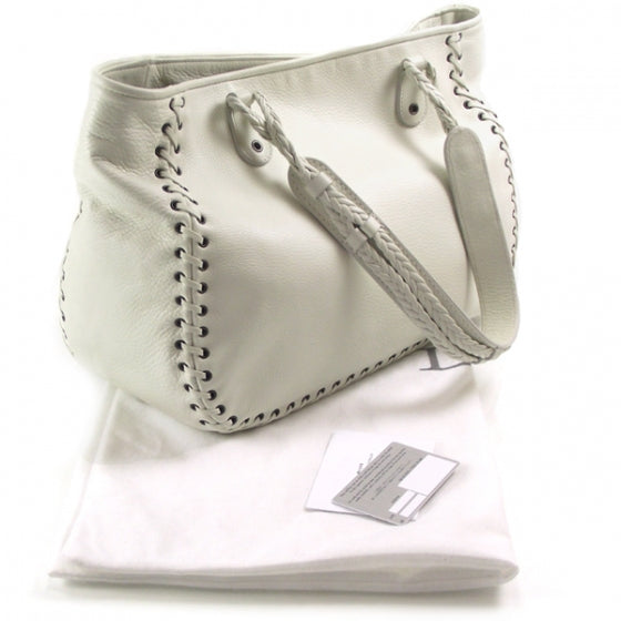 Leather Stitched Shopping Tote White