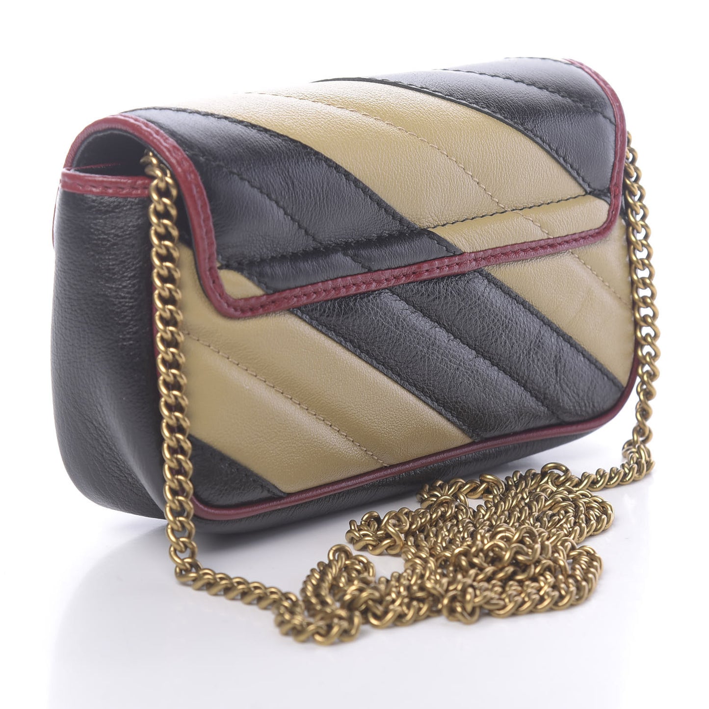 Vintage Effect Calfskin Matelasse Diagonal Striped Super Mini Torchon GG Marmont Shoulder Bag Black Beige