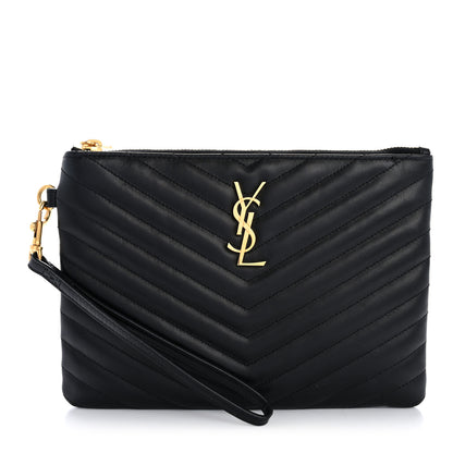 Saint Laurent Calfskin Matelasse Chevron Monogram A5 Wristlet Black 1 of 11