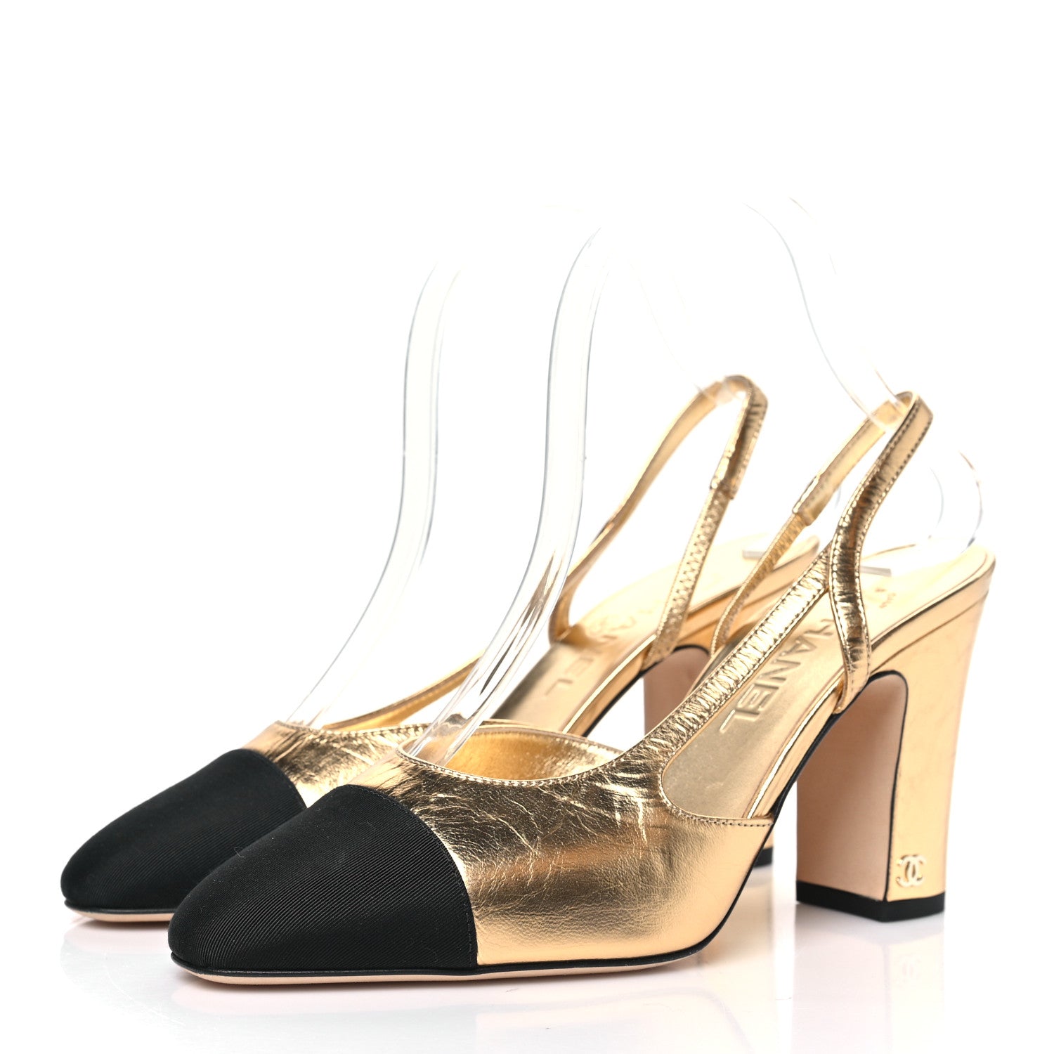Chanel Laminated Crumpled Lambskin Grosgrain Cap Toe CC Slingback Pumps 38 Gold Black 4 of 8