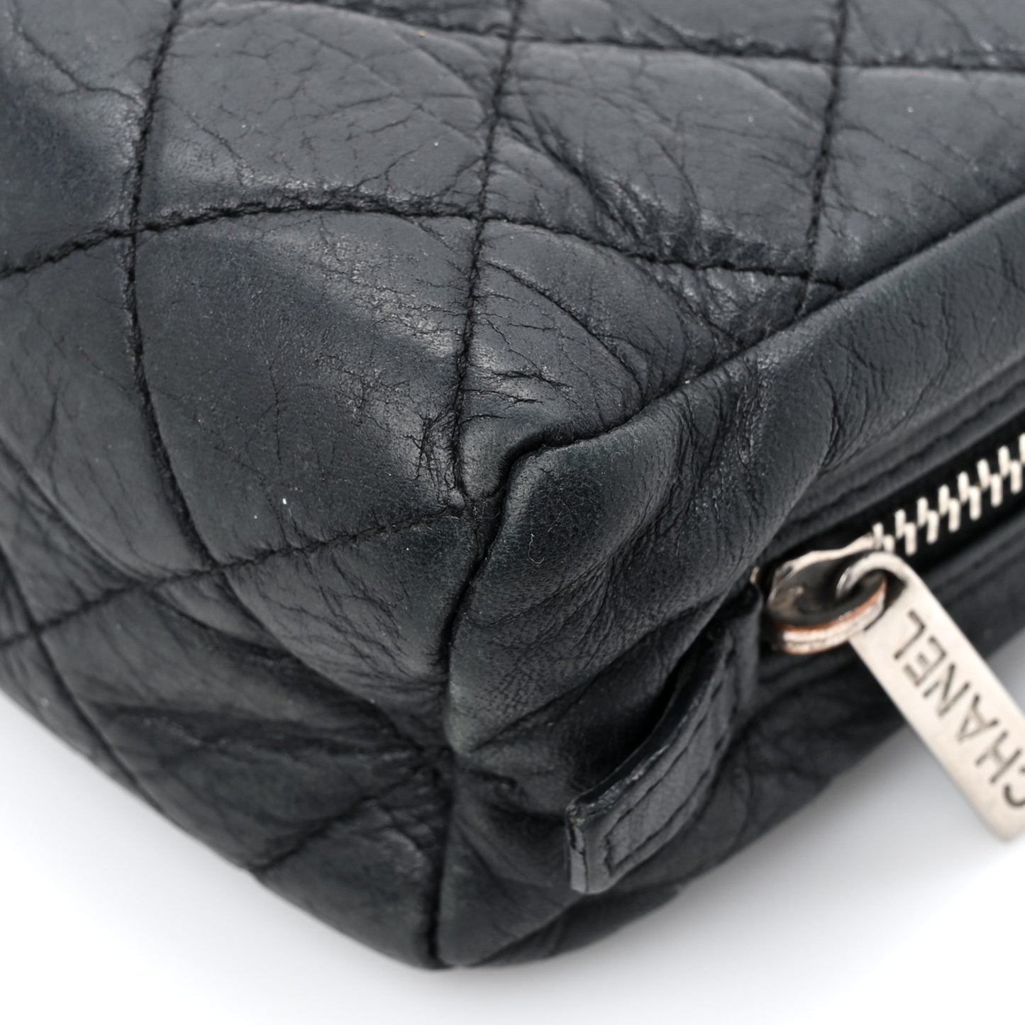 Aged Calfskin Quilted Cambon Cosmetic Case Argent Clair
