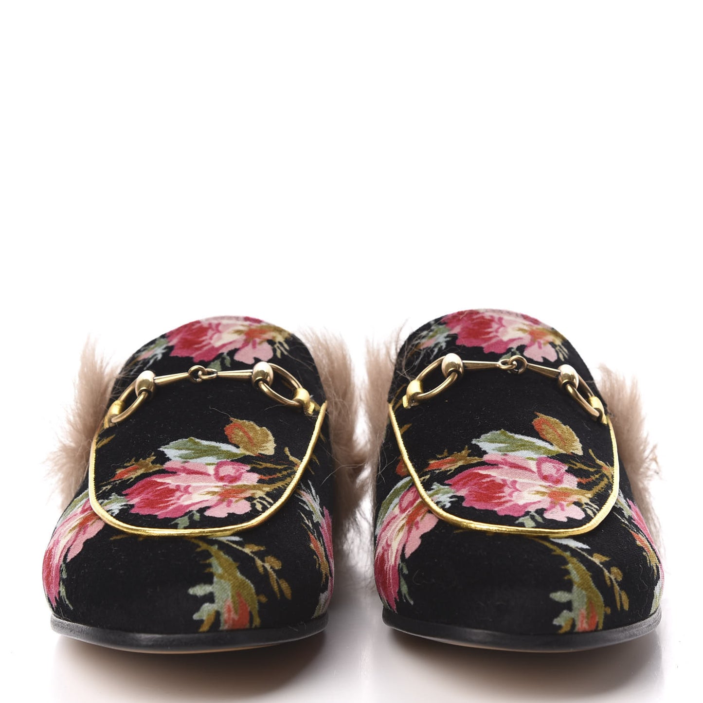 Velvet Fur Floral Princetown Slippers 36.5 Black
