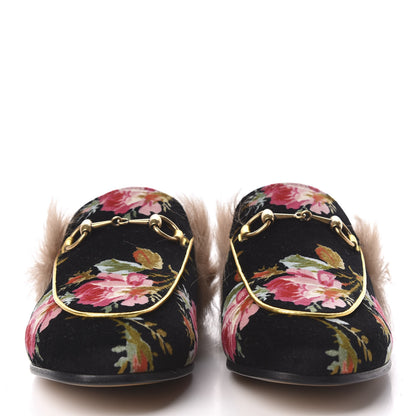 Gucci Velvet Fur Floral Princetown Slippers 36.5 Black 3 of 8