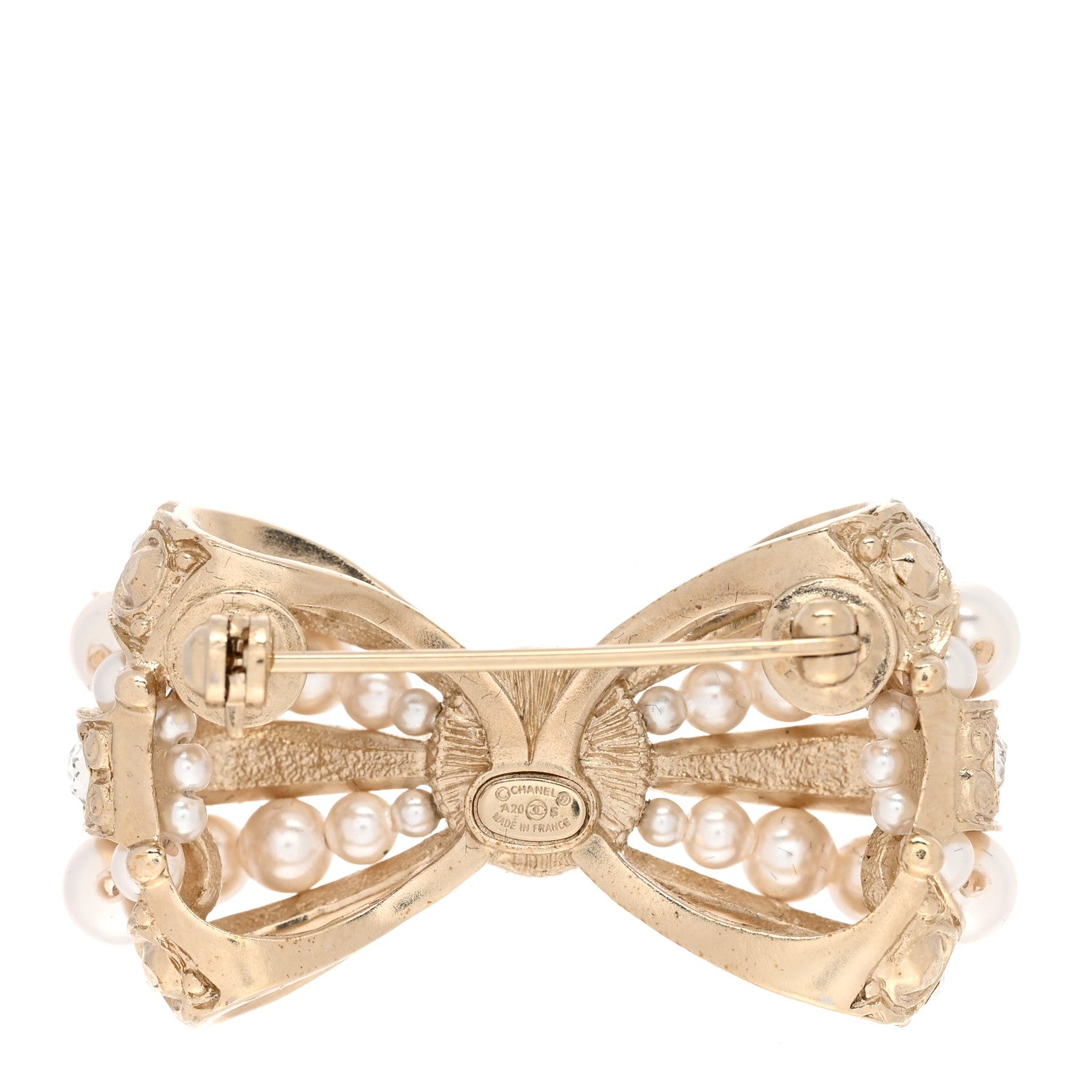 Chanel Metal Crystal Pearl CC Bow Brooch Gold 3 of 5